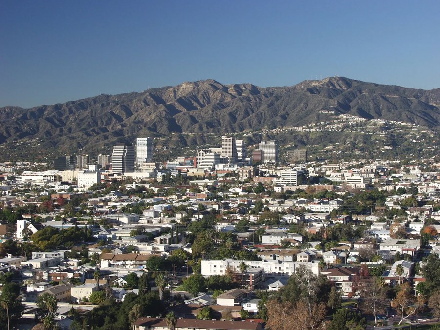 Downtown Glendale with the San Gabriel Mountains behind it.