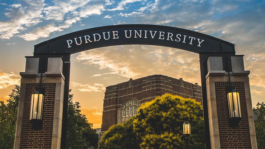 The Purdue University gateway arch at sunset.