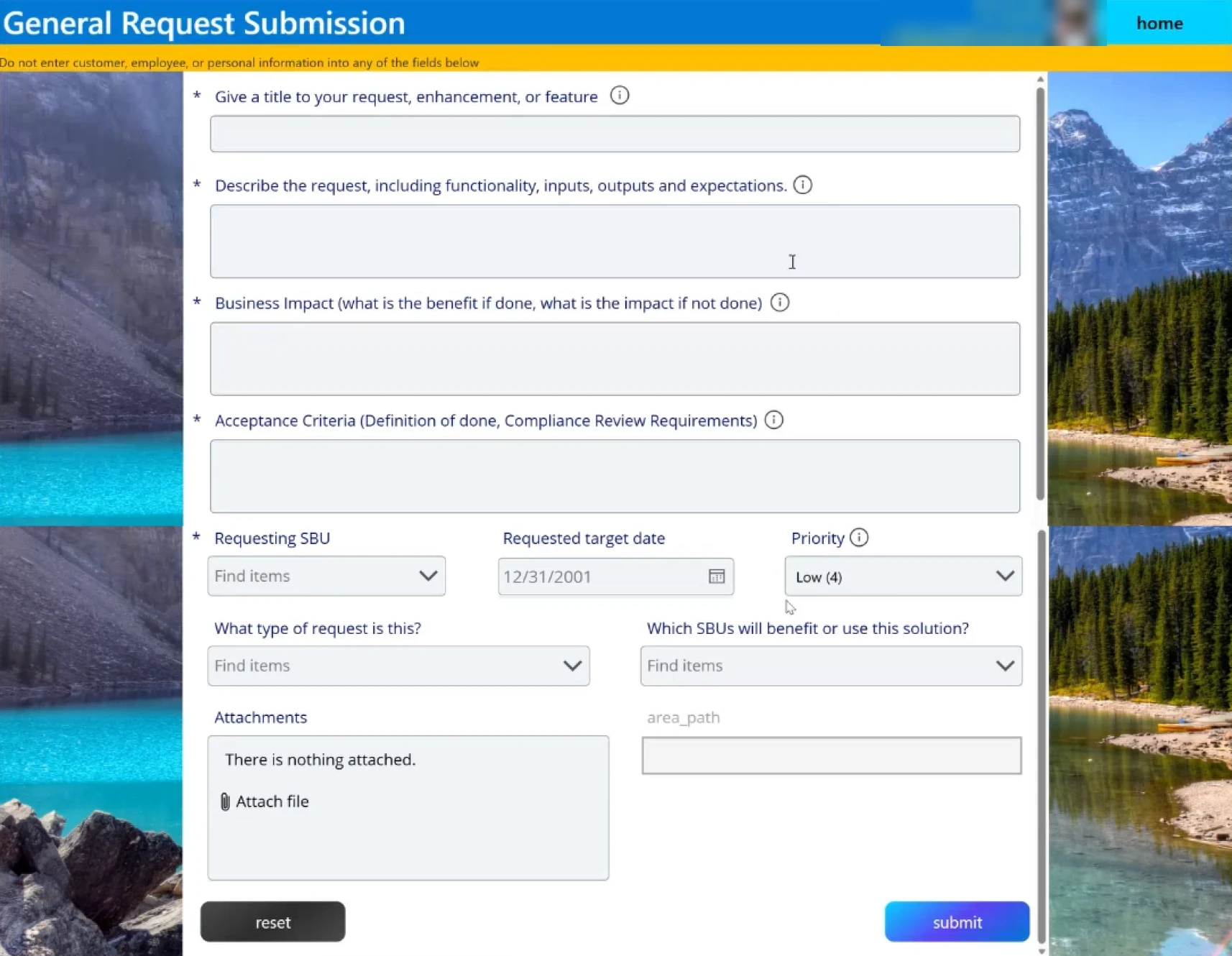 The previous General Request Submission form.