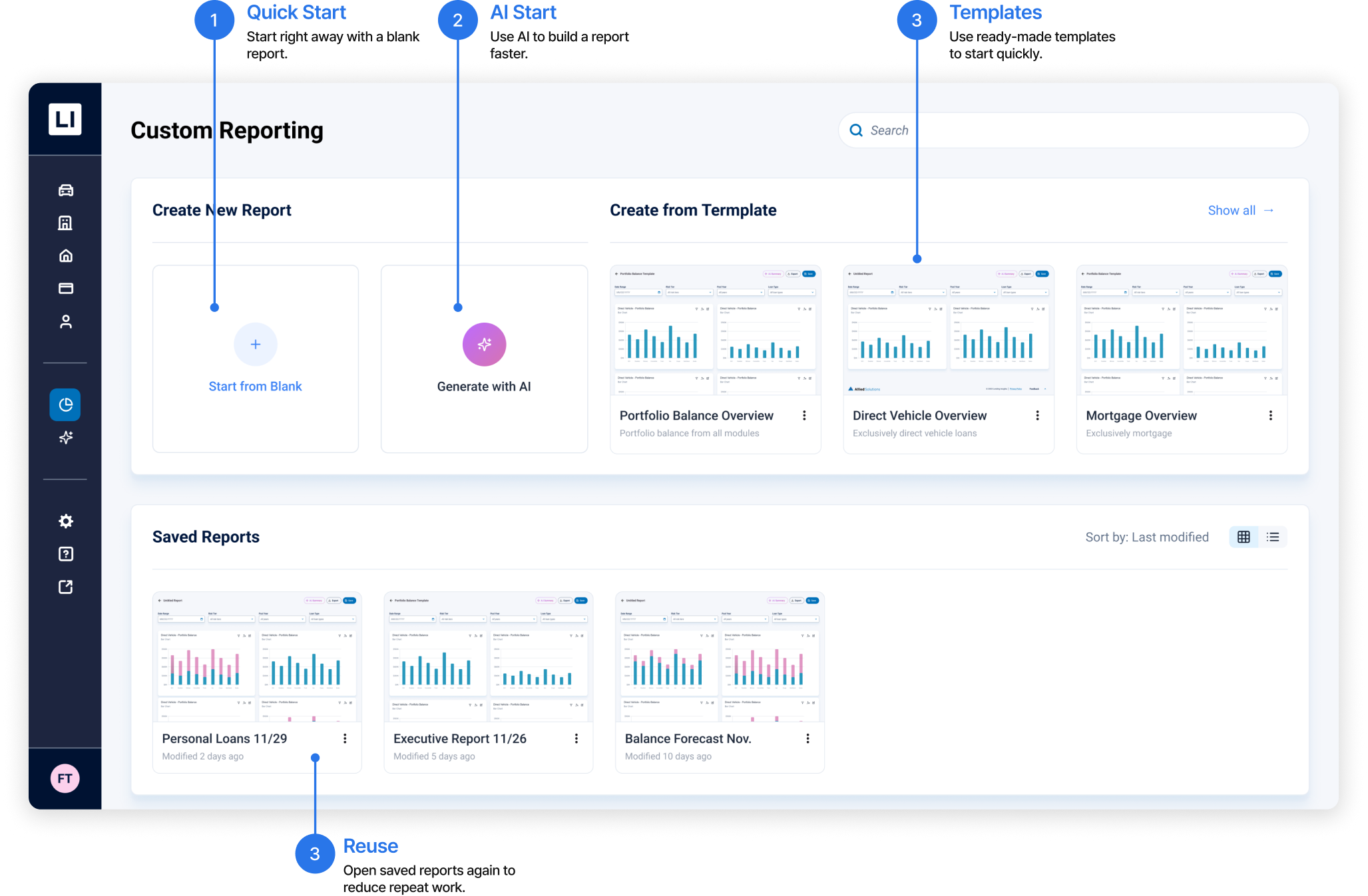 Custom reporting: quick start, AI generation, templates, and saved reports.