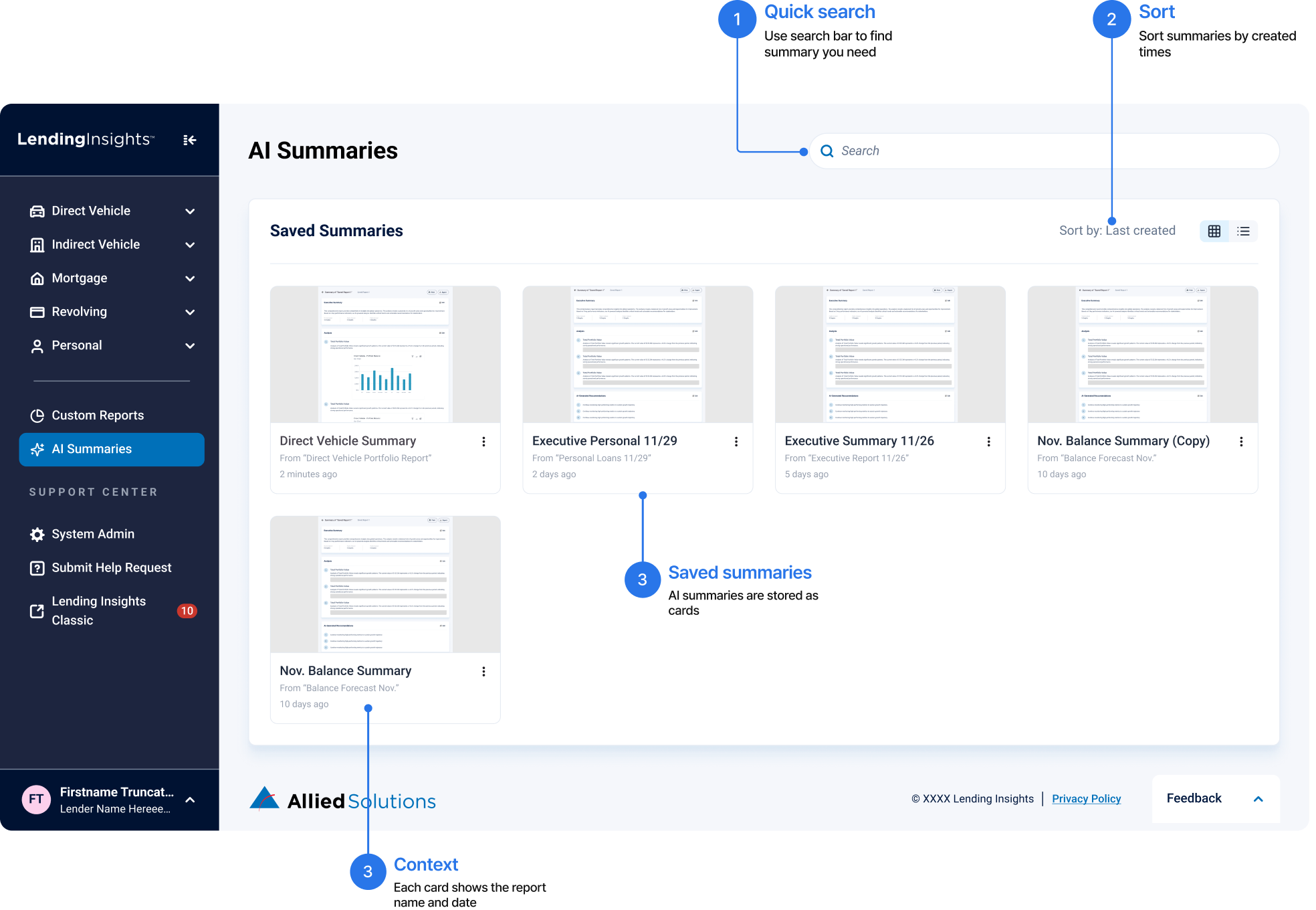 Saved AI summaries with search, sorting, and report context.