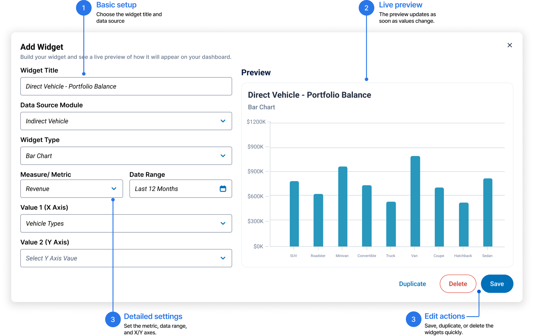 Widget builder with basic setup, detailed chart settings, and live preview.