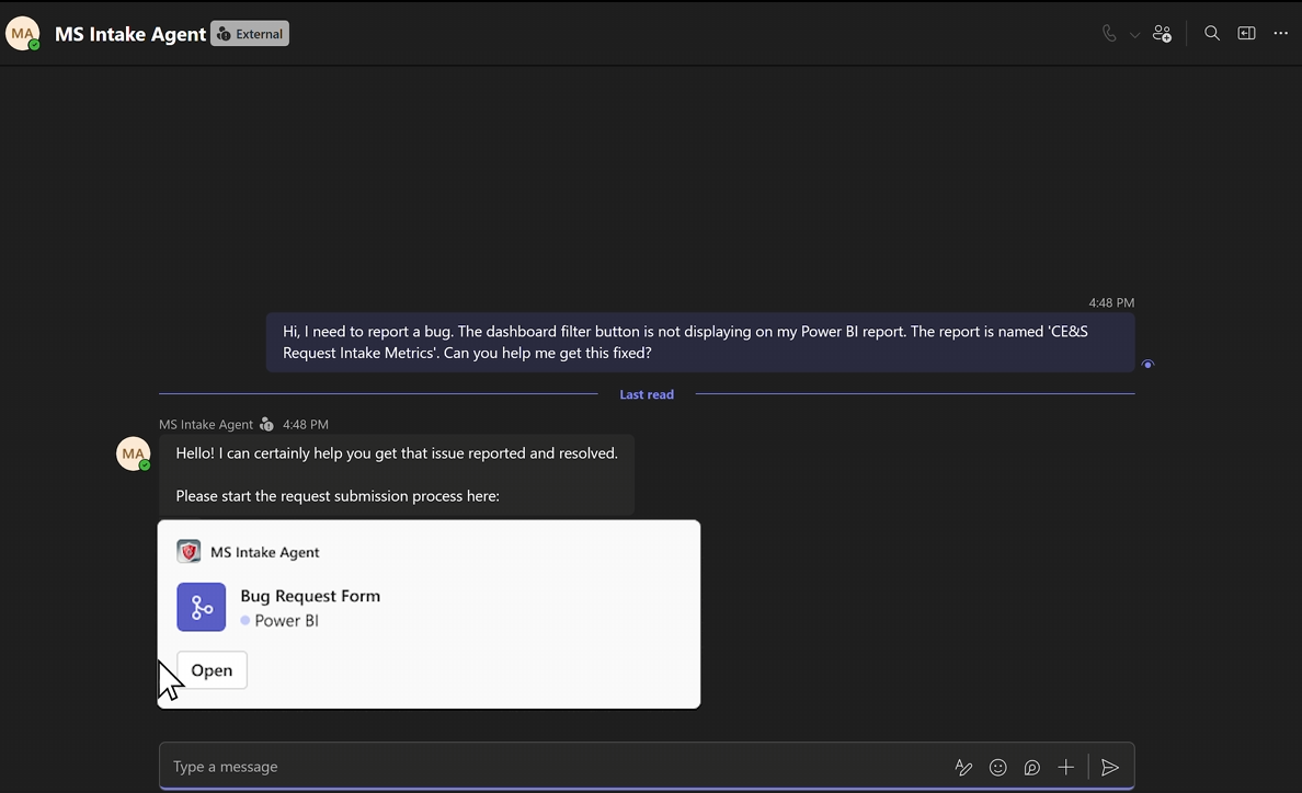 Microsoft Teams request intake interface
