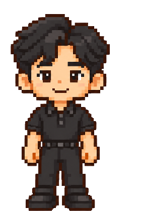 Pixel Jun wearing a black polo and black pants